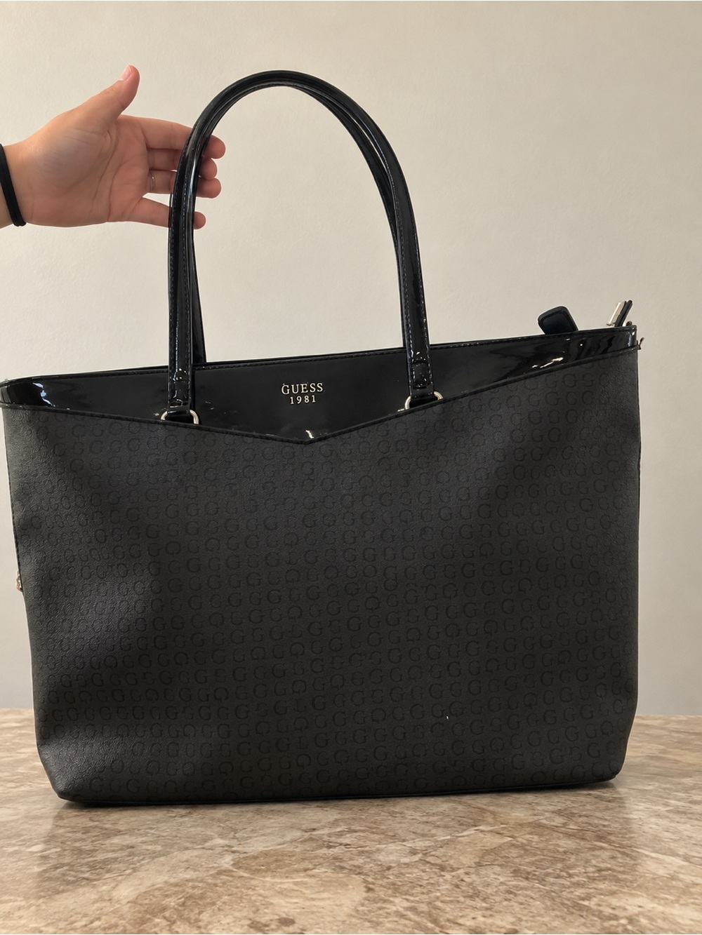 GUESS Black Monogram Patent-Trim Tote